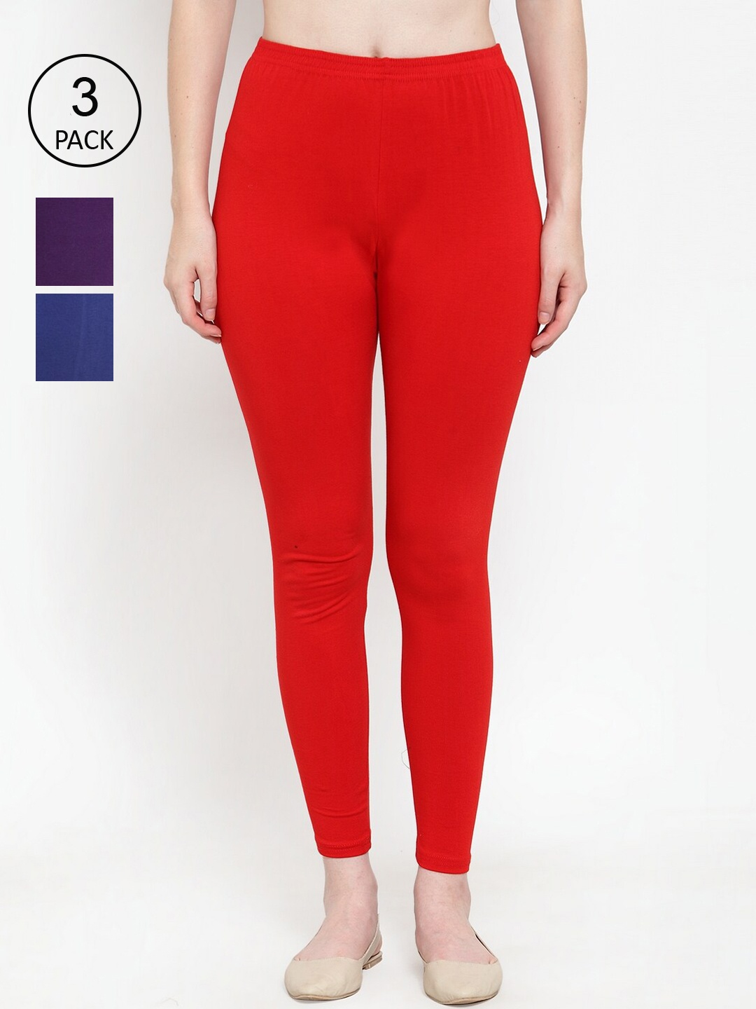 

GRACIT Women Pack Of 3 Ankle-Length Leggings, Red