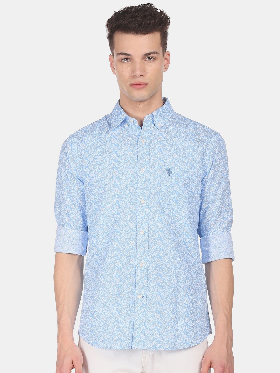 

U S Polo Assn Men Blue Regular Fit Floral Printed Cotton Casual Shirt
