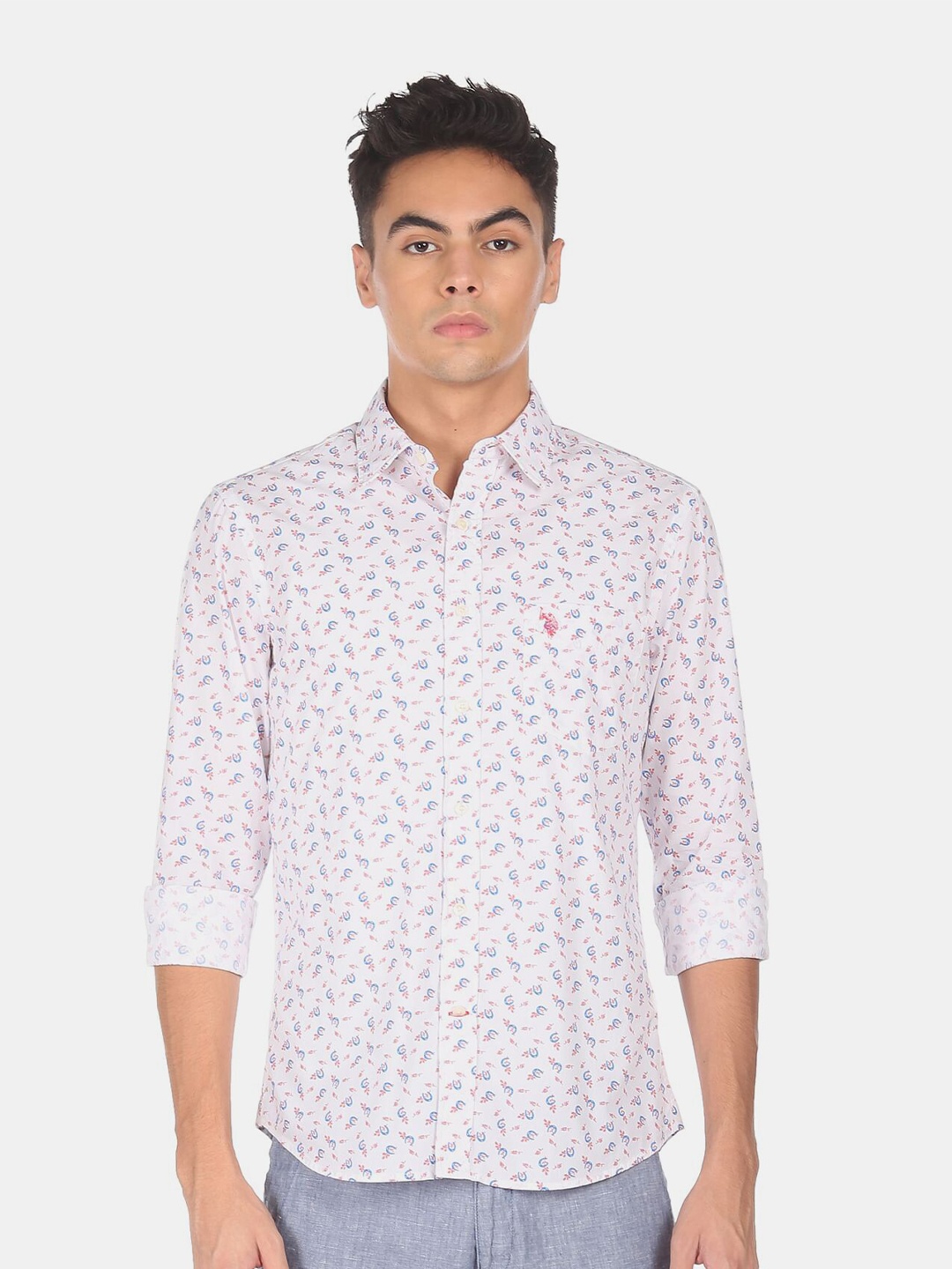 

U.S. Polo Assn. Men White Floral Printed Cotton Casual Shirt