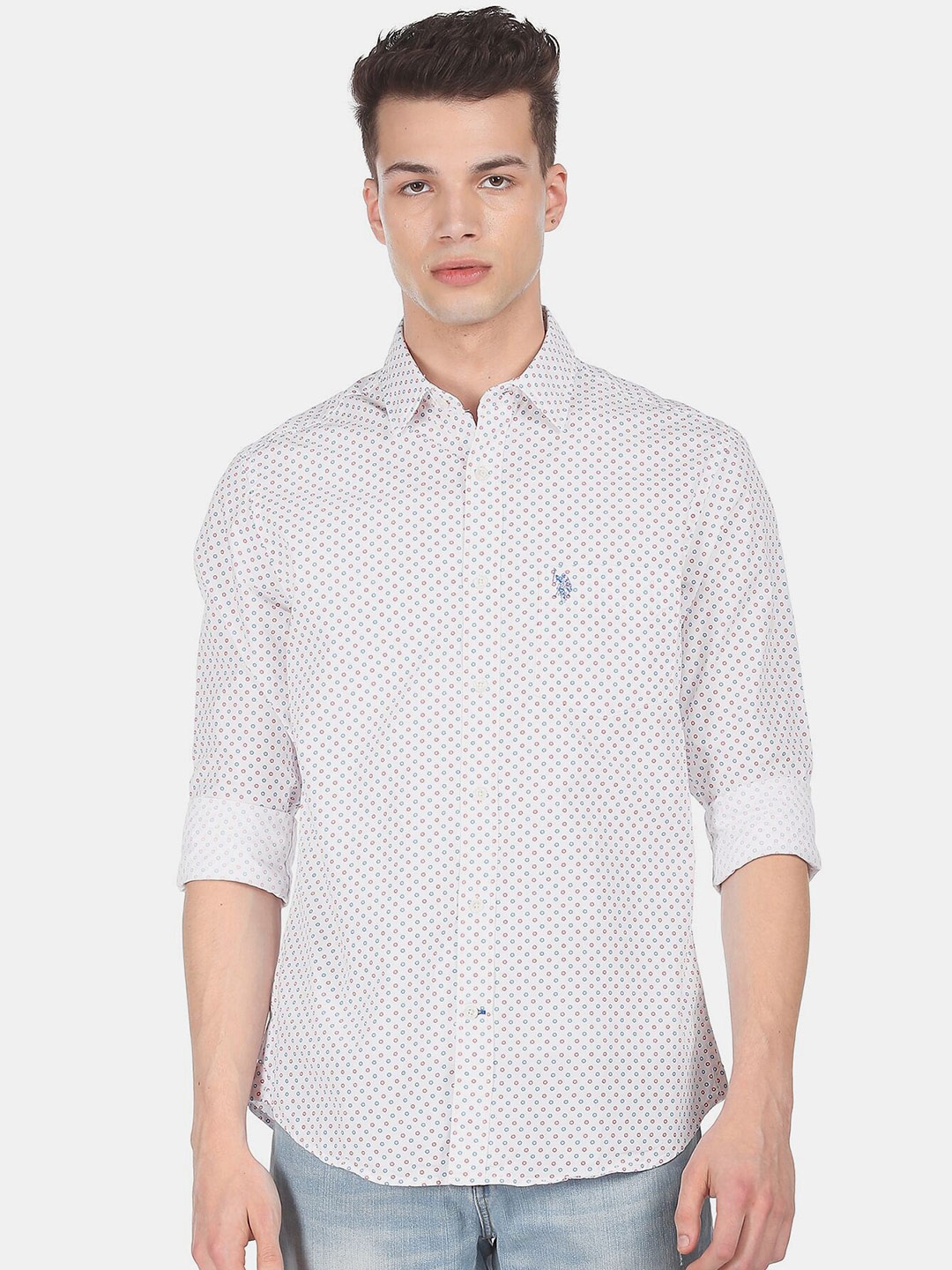 

U S Polo Assn Men White Printed Casual Shirt