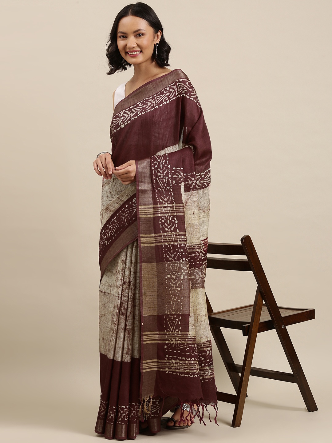 

aamna Coffee Brown & Beige Tie and Dye Zari Silk Cotton Venkatgiri Saree