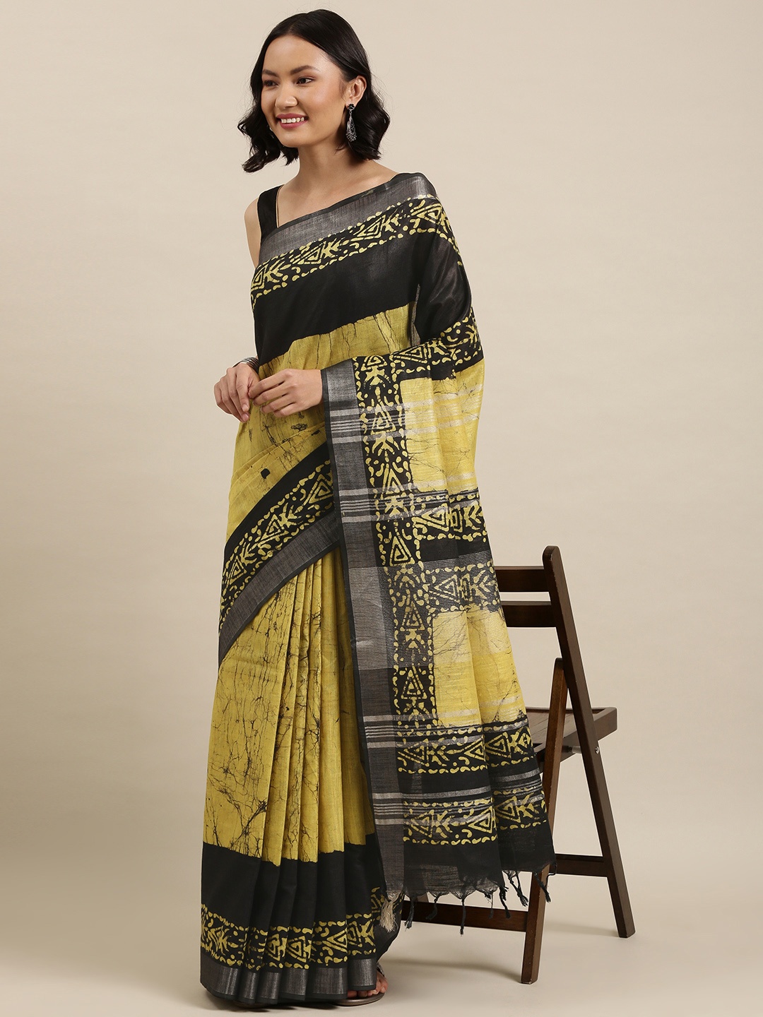 

aamna Black & Yellow Tie and Dye Zari Silk Cotton Venkatgiri Saree