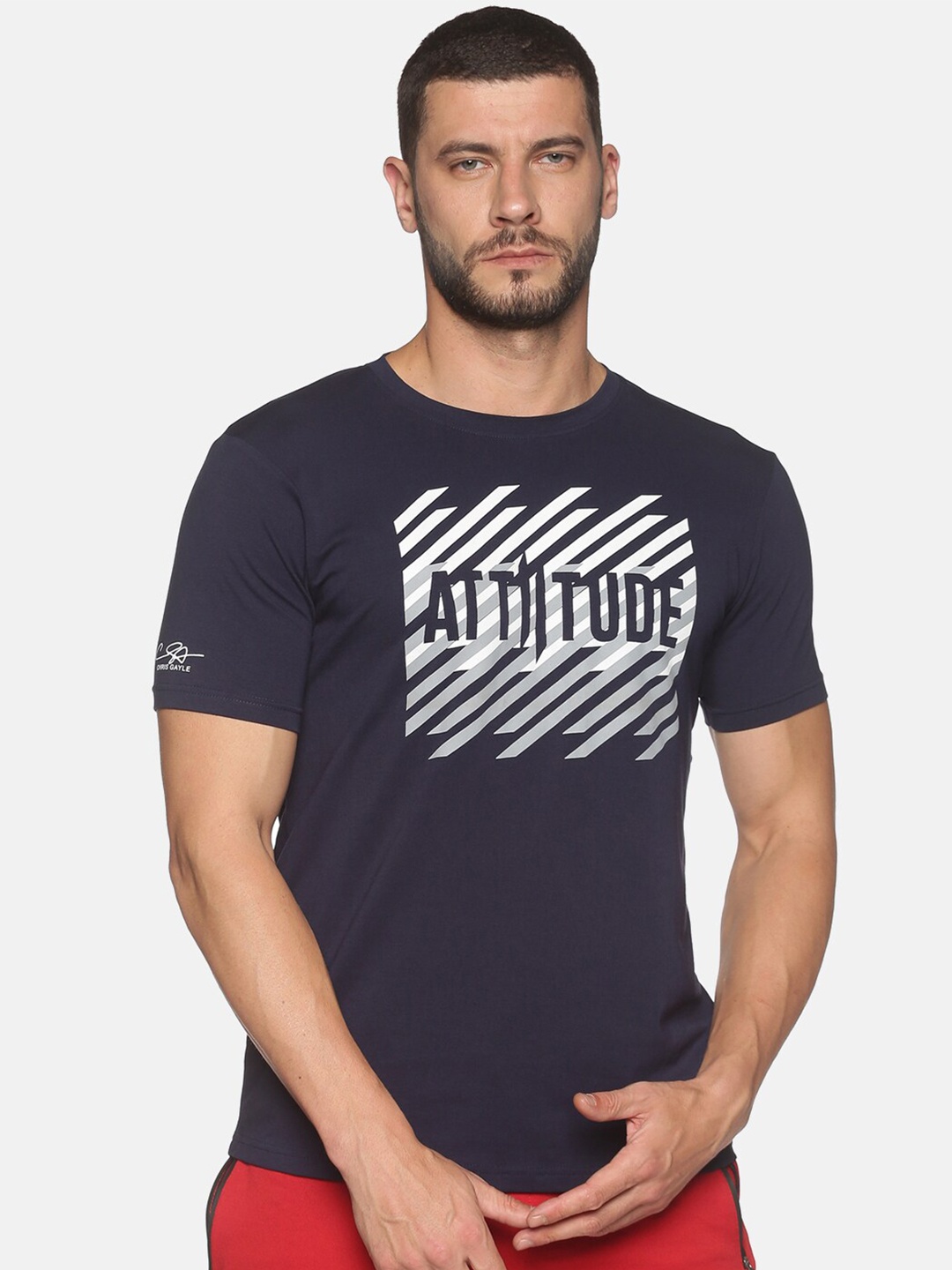 

ATTIITUDE Men Navy Blue & White Typography Printed ClimaCool Slim Fit T-shirt