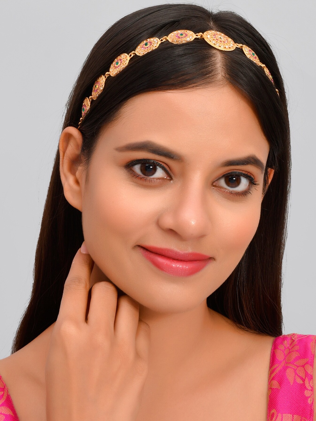 

Silvermerc Designs Gold-Plated Red & White Stone -Studded Matha Patti