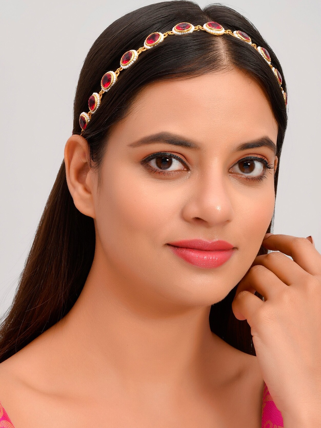 

Silvermerc Designs Gold-Plated Red & White Beaded Maatha Patti