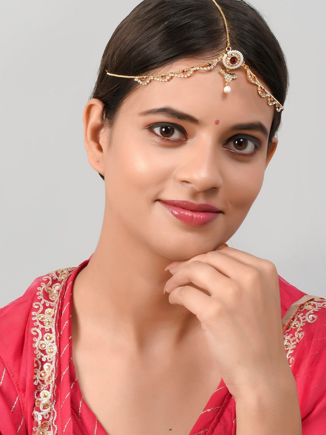 

Silvermerc Designs Women Gold Plated Green Stone & Kundan Studded Head Jewellery
