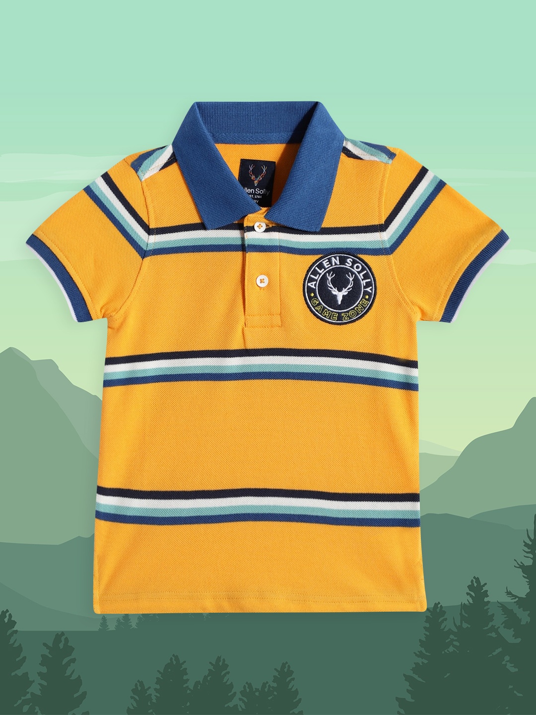 

Allen Solly Junior Boys Yellow & Blue Striped Polo Collar Pure Cotton T-shirt