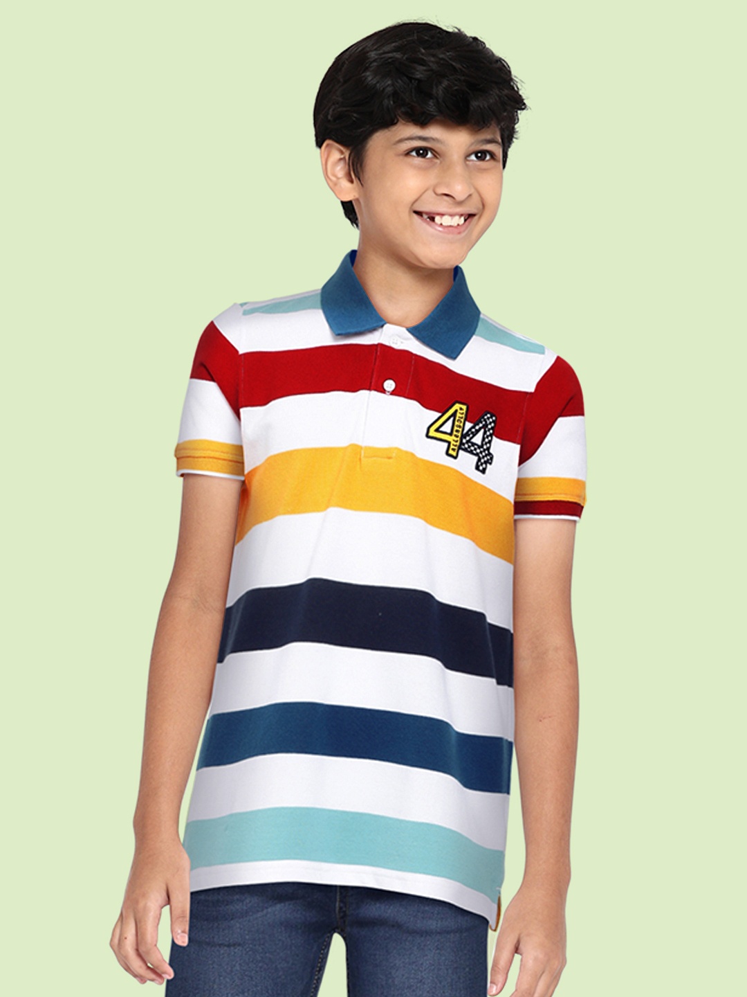 

Allen Solly Junior Boys Multicoloured Striped Polo Collar Pure Cotton T-shirt, Multi