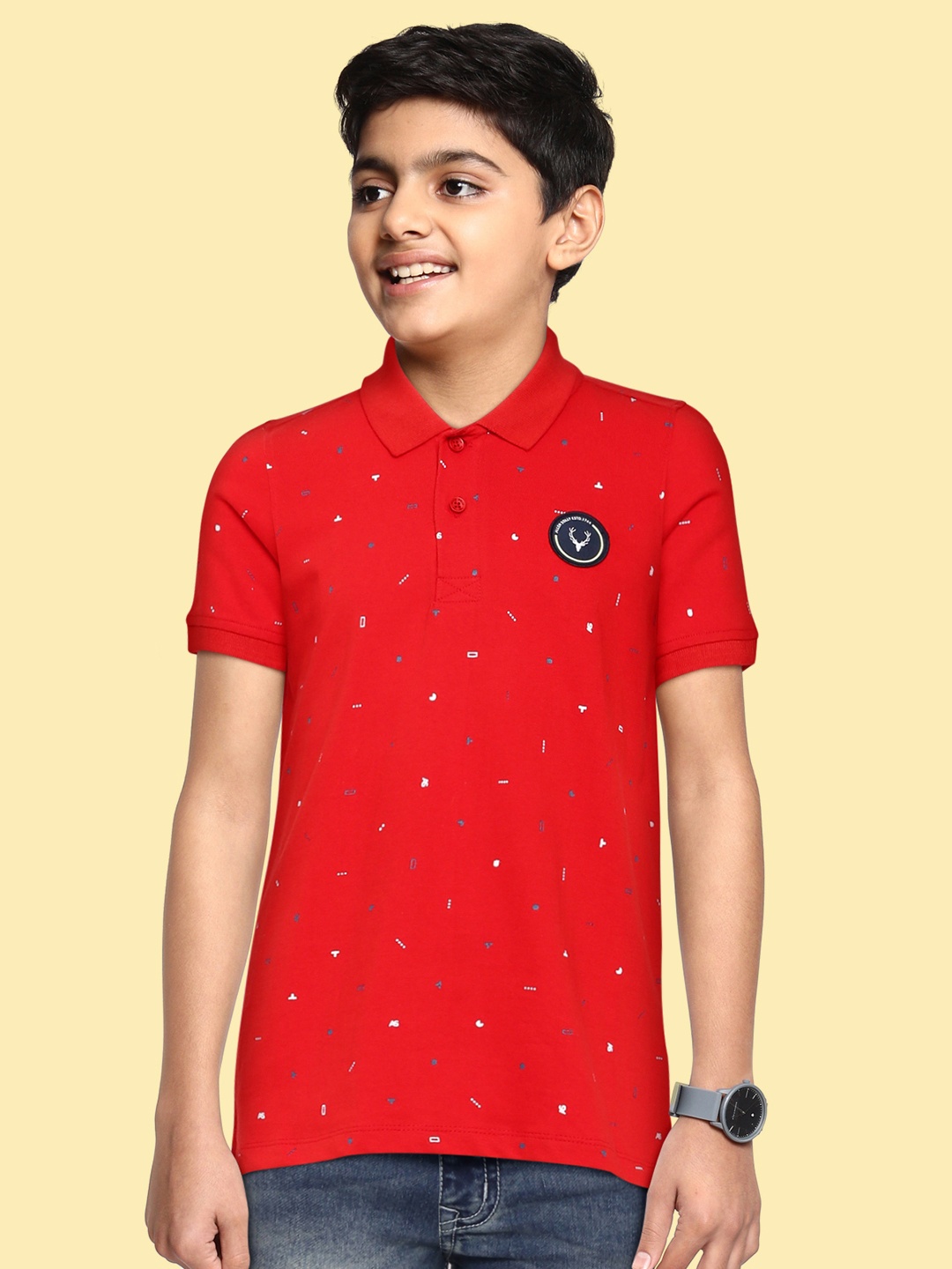 

Allen Solly Junior Boys Red Printed Polo Collar Pure Cotton T-shirt