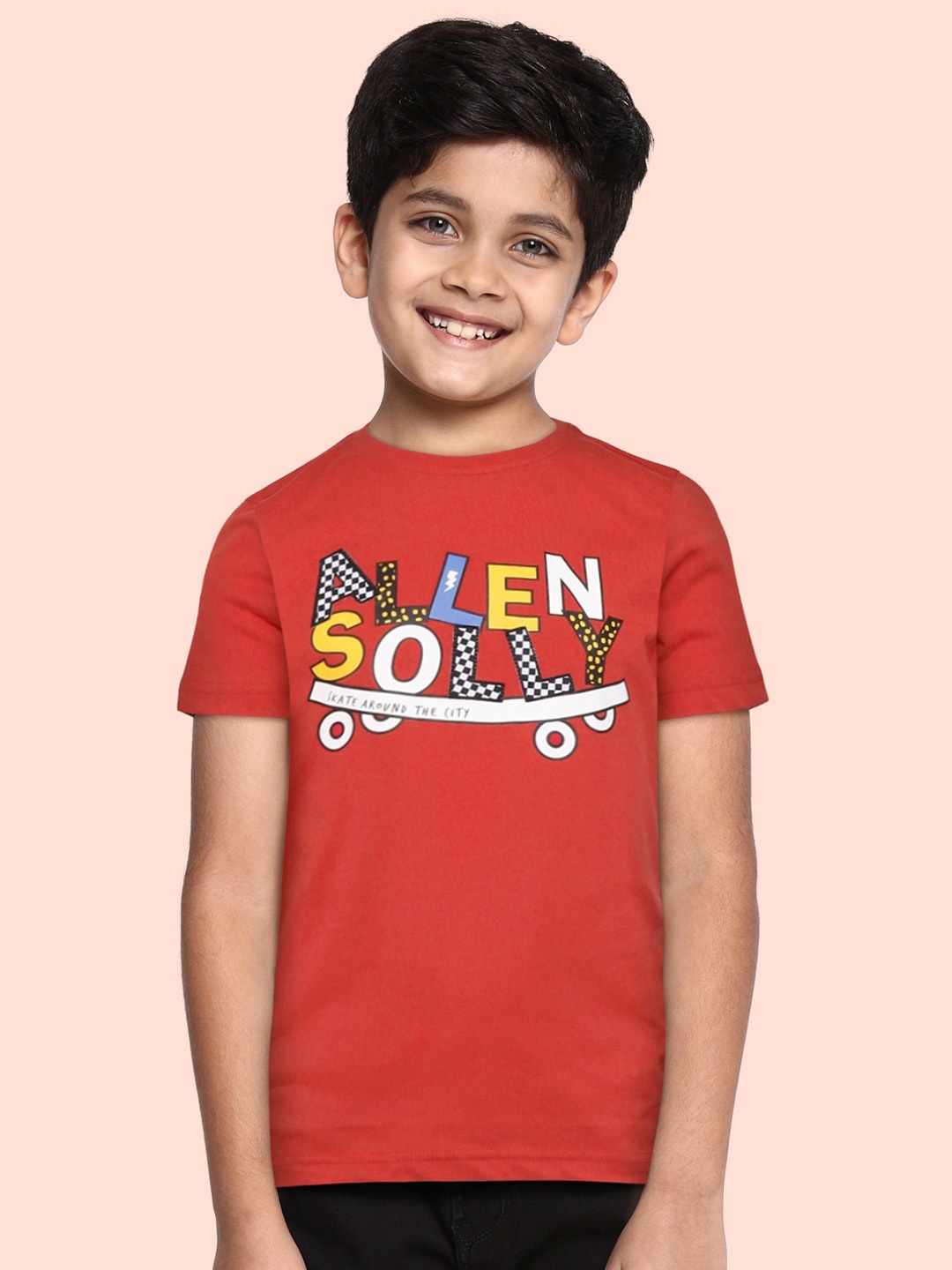 

Allen Solly Junior Boys Red & White Brand Logo Printed Pure Cotton T-shirt