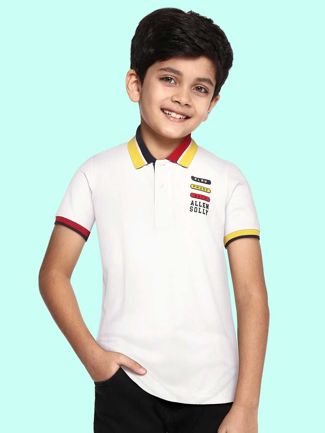 

Allen Solly Junior Boys White Solid Polo Collar Pure Cotton T-shirt