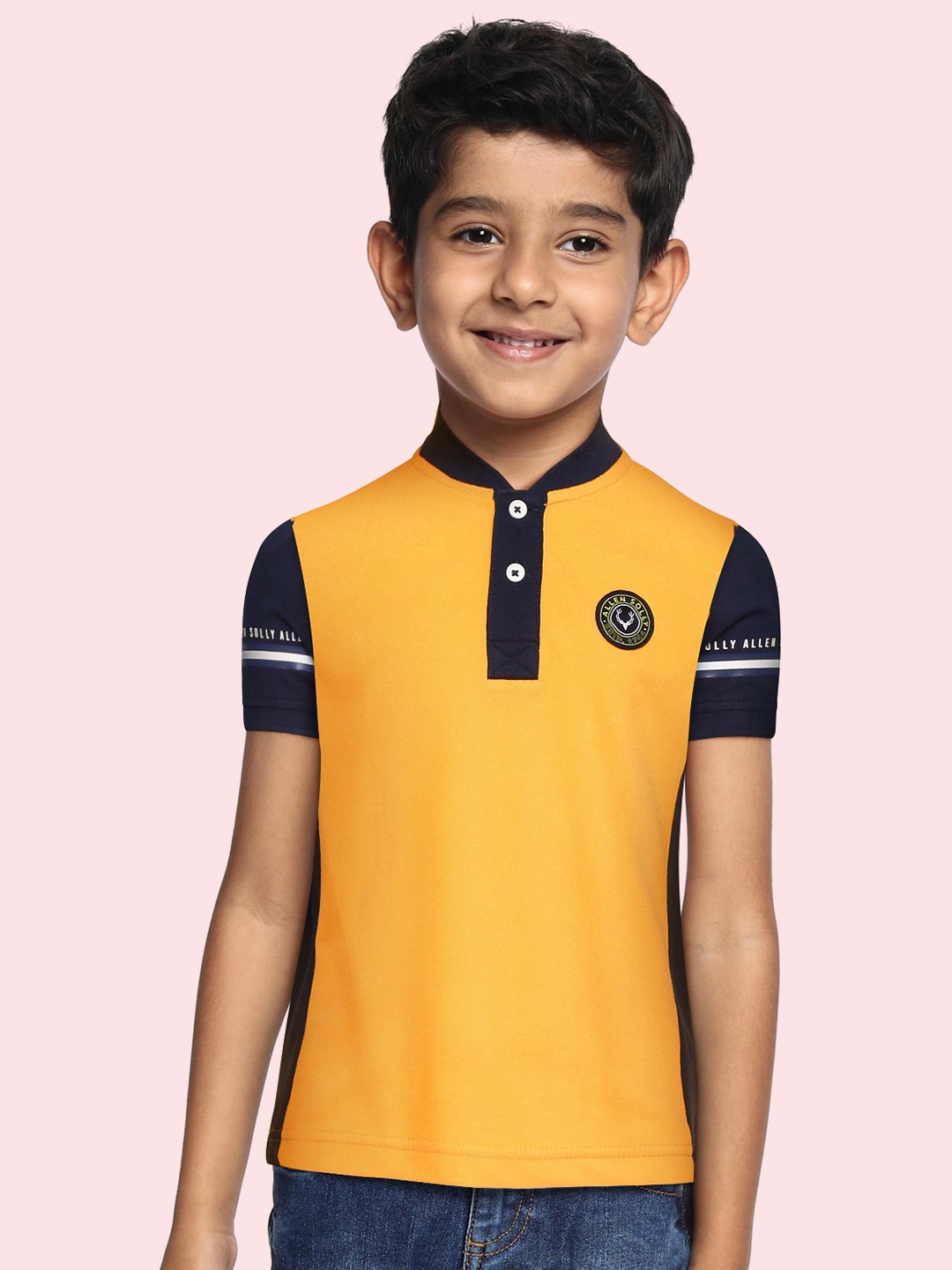 

Allen Solly Junior Boys Yellow & Navy Blue Henley Neck Pure Cotton T-shirt