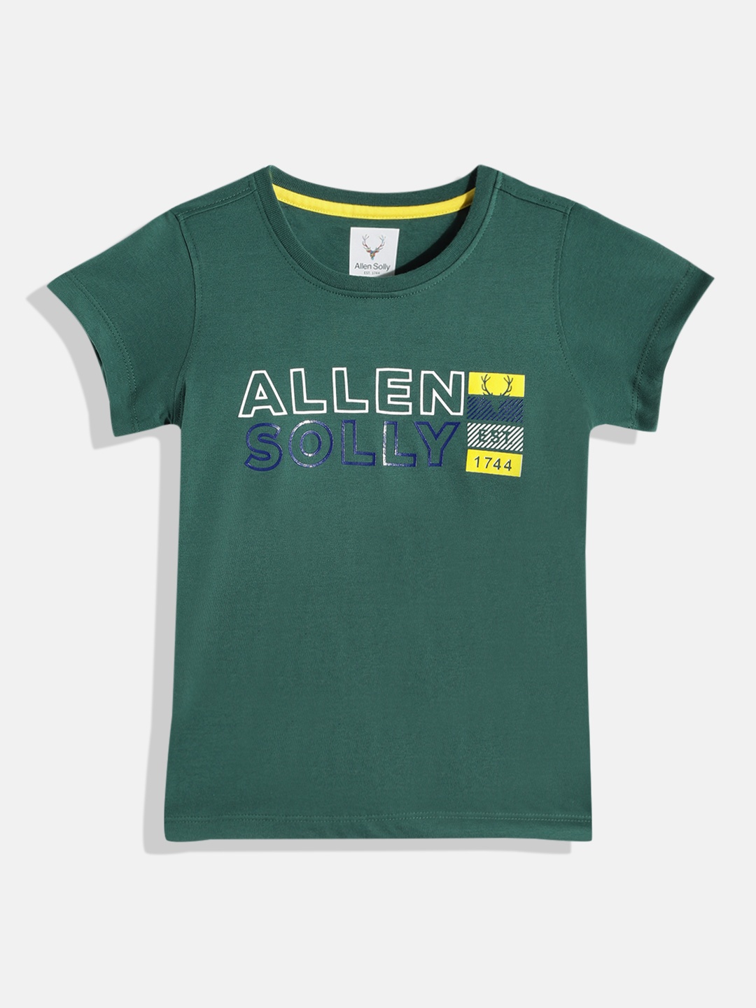 

Allen Solly Junior Boys Green & Navy Blue Pure Cotton Brand Logo Printed T-shirt