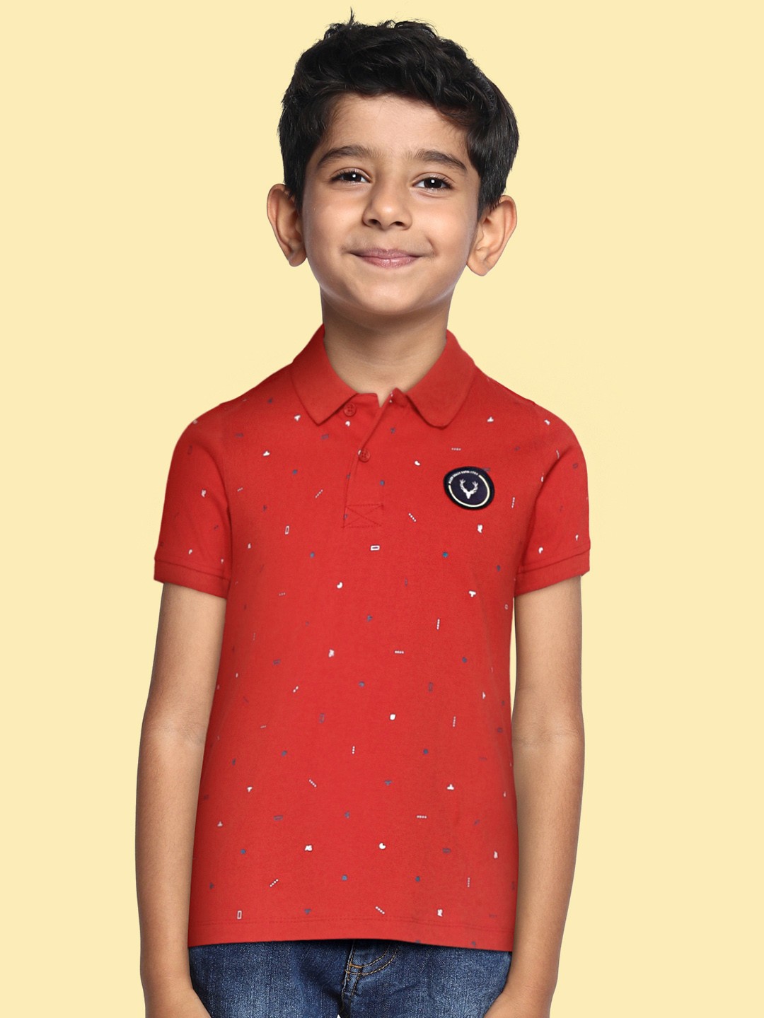

Allen Solly Junior Boys Red Printed Polo Collar Pure Cotton Applique T-shirt