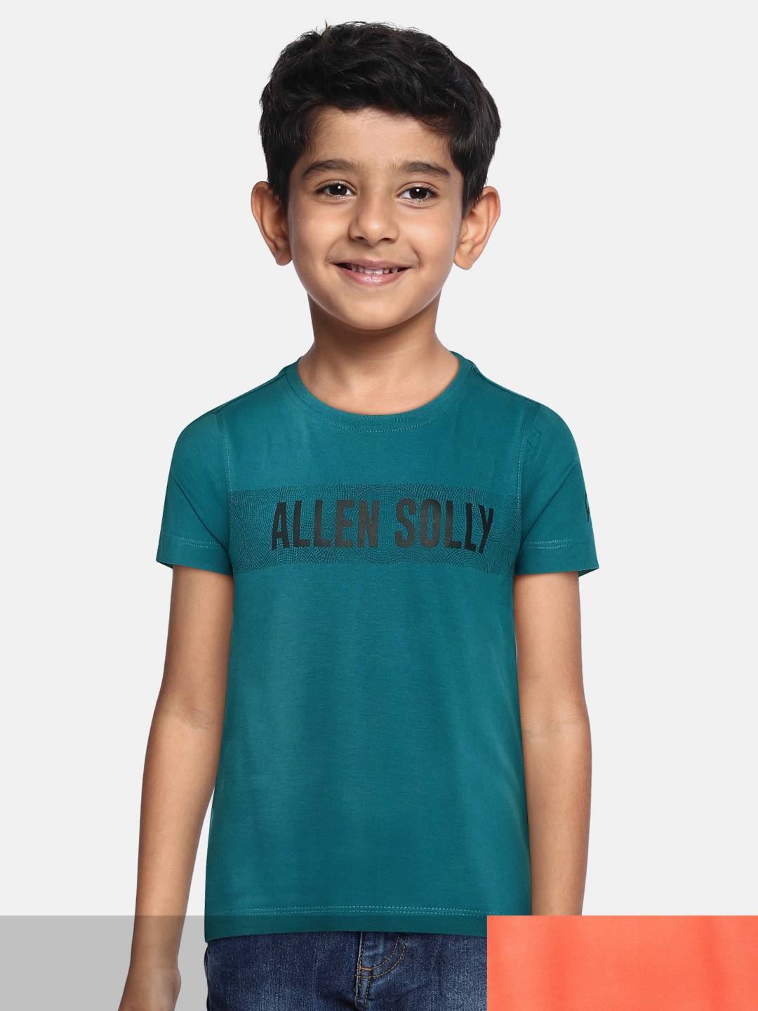 

Allen Solly Junior Boys Teal Blue & Coral Orange Pack Of 2 Round Neck Pure Cotton T-shirt