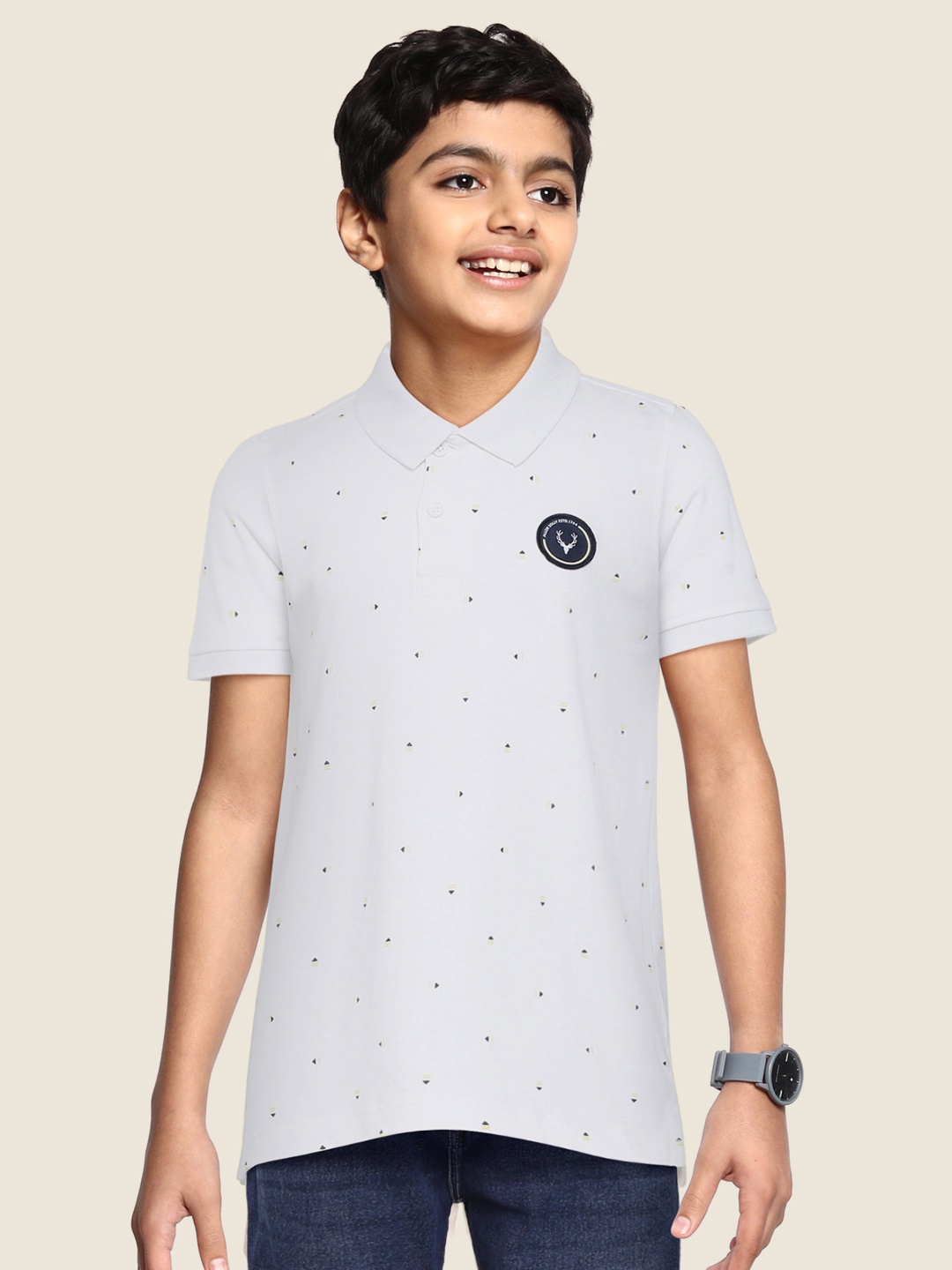 

Allen Solly Junior Boys White Printed Polo Collar Pure Cotton T-shirt