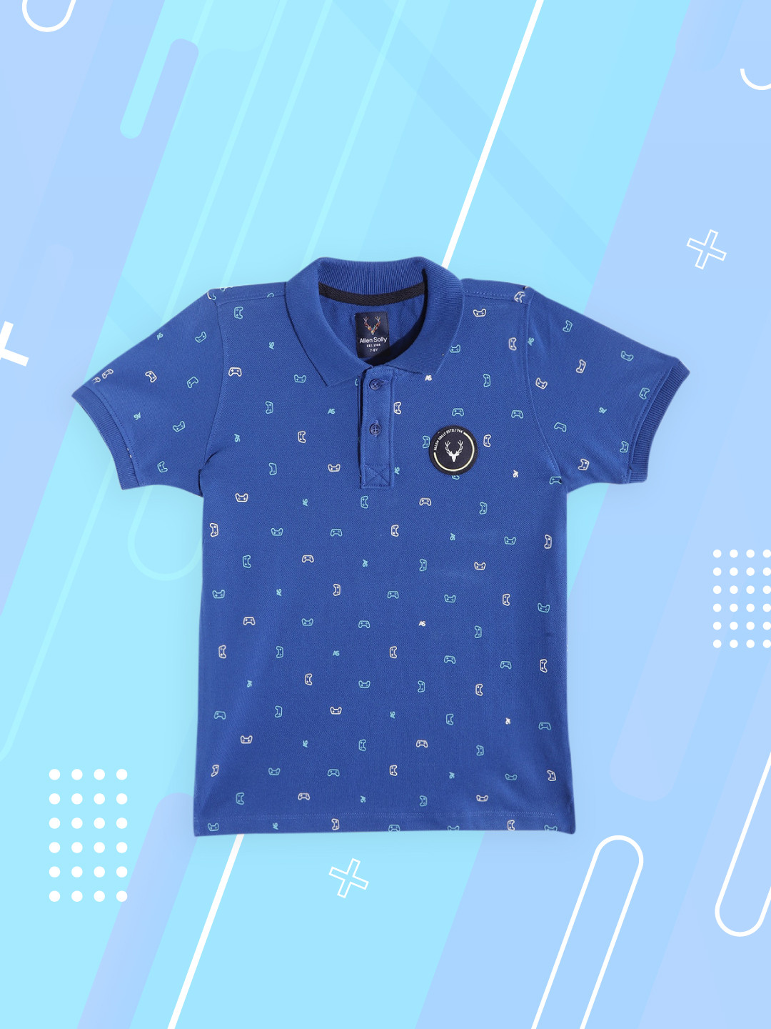 

Allen Solly Junior Boys Blue & White Printed Polo Collar Pure Cotton Applique T-shirt