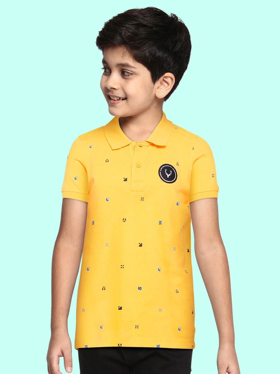 

Allen Solly Junior Boys Yellow & Blue Printed Polo Collar Pure Cotton T-shirt