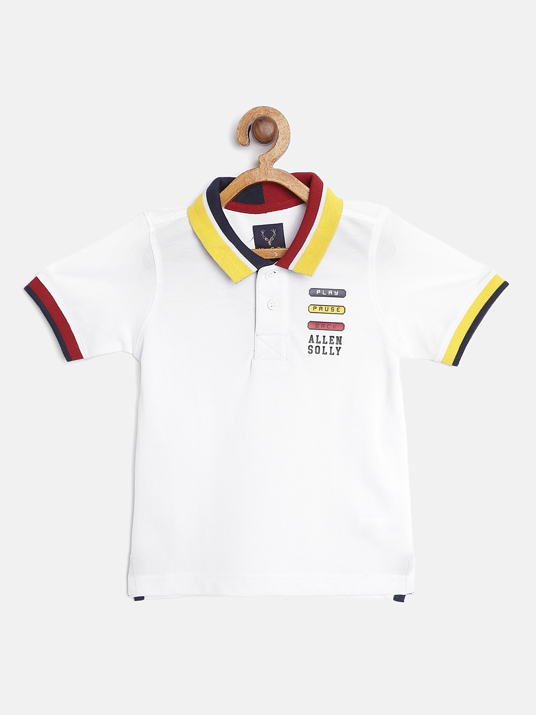 

Allen Solly Junior Boys White Solid Polo Collar Pure Cotton T-shirt with Printed Detail