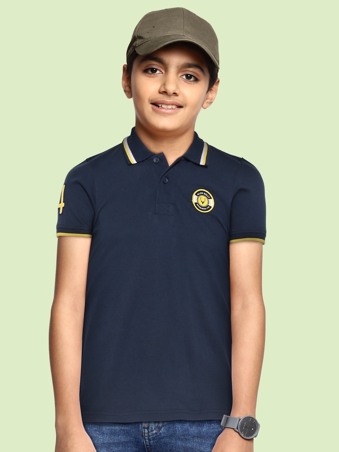 

Allen Solly Junior Boys Navy Blue Polo Collar Pure Cotton Applique T-shirt
