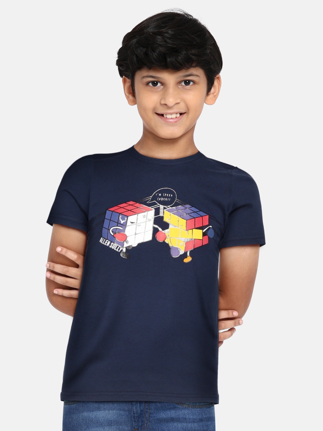 

Allen Solly Junior Boys Navy Blue & Red Printed Cotton T-shirt