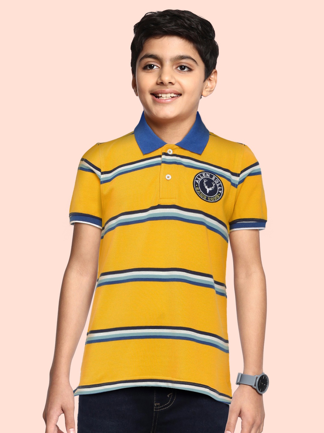 

Allen Solly Junior Boys Yellow Striped Polo Collar Pure Cotton T-shirt