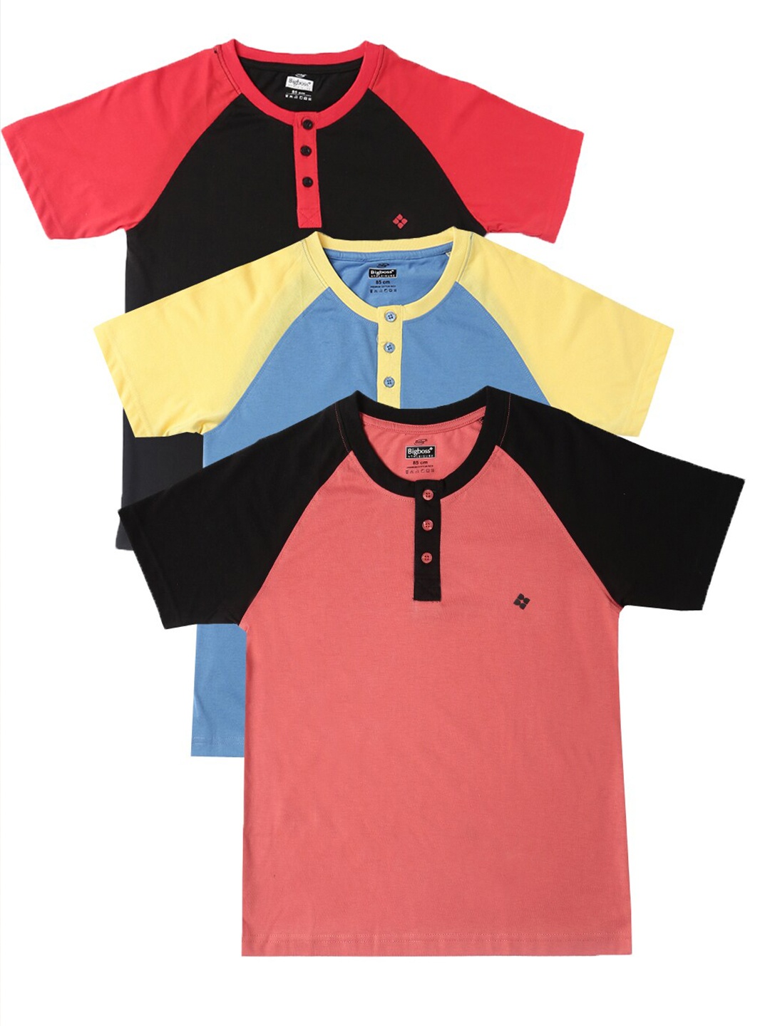 

Dollar Boys Pack Of 3 Peach-Coloured & Blue Colourblocked Henley Neck Cotton T-shirts