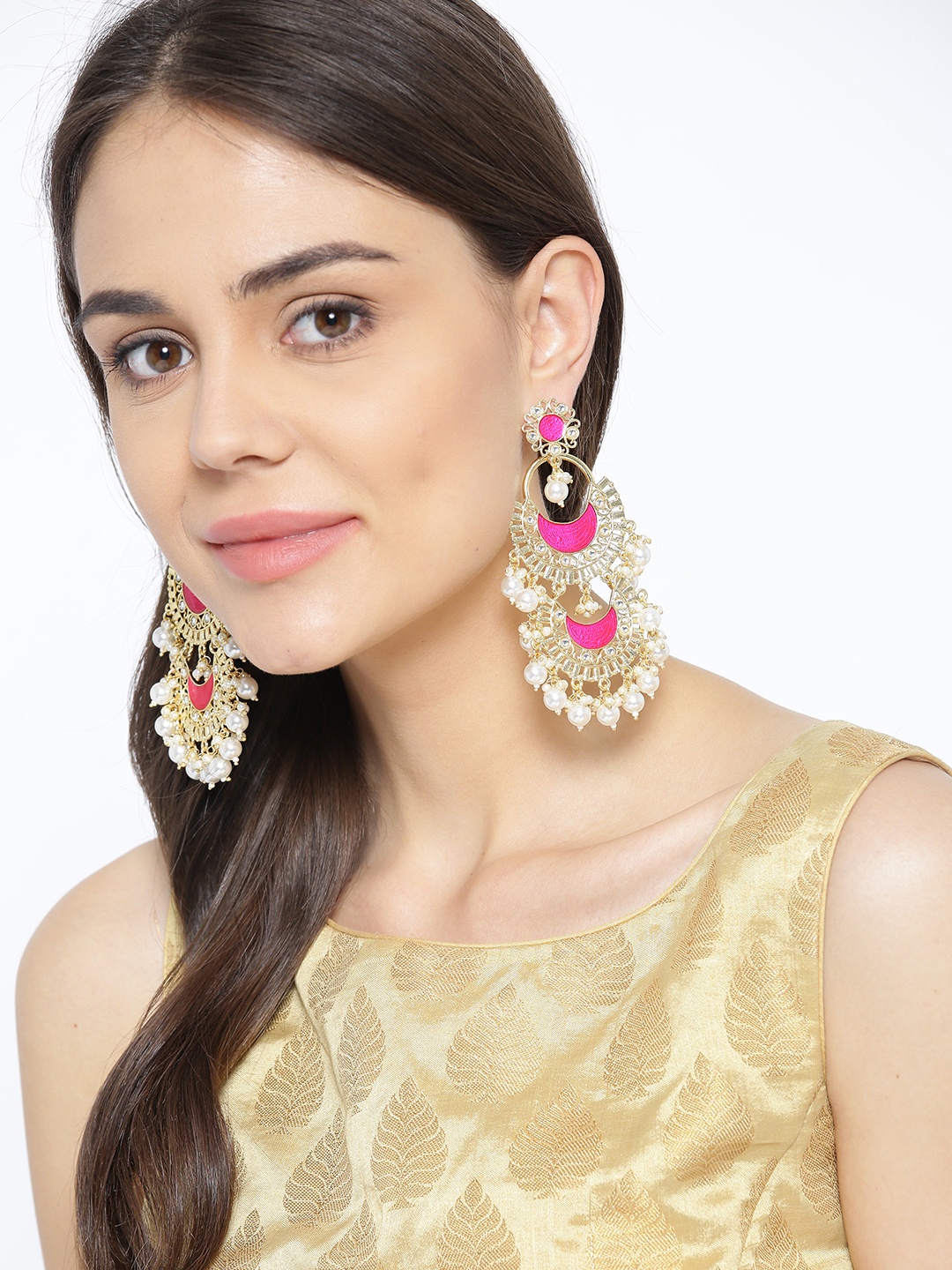 

PANASH Gold-Toned & Pink Crescent Shaped Pearl Chandbali Earrings