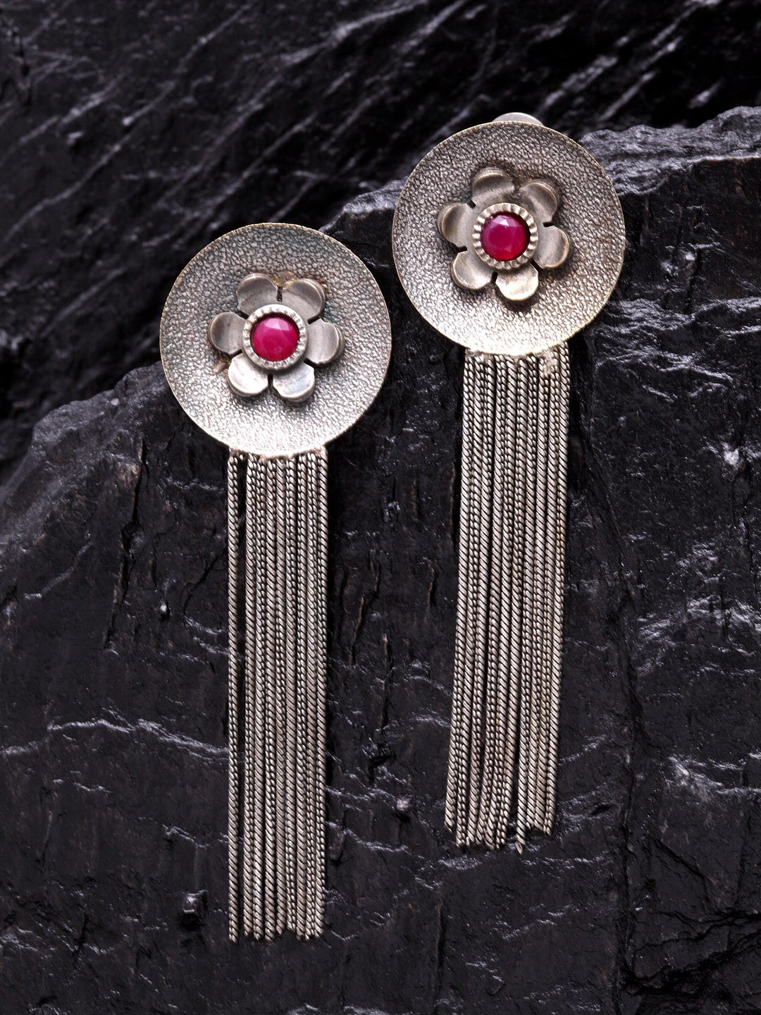 

PANASH Silver-Plated & Maroon Circular Drop Earrings