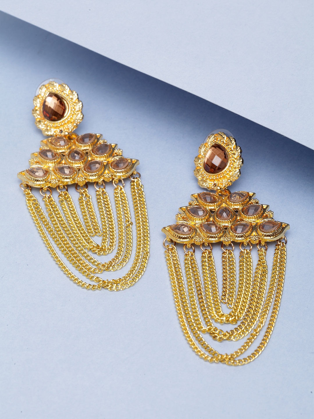 

PANASH Gold-Plated Stones Studded Contemporary Drop Earrings