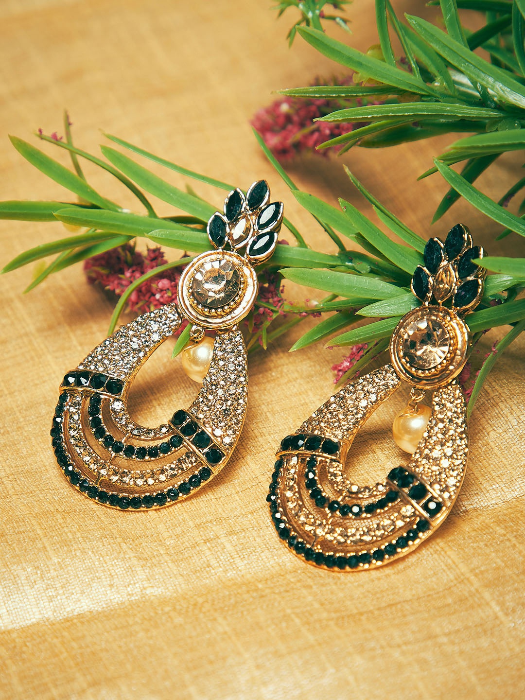 

PANASH Women Gold-Toned & Green Crescent Shaped Studded Drop Earrings