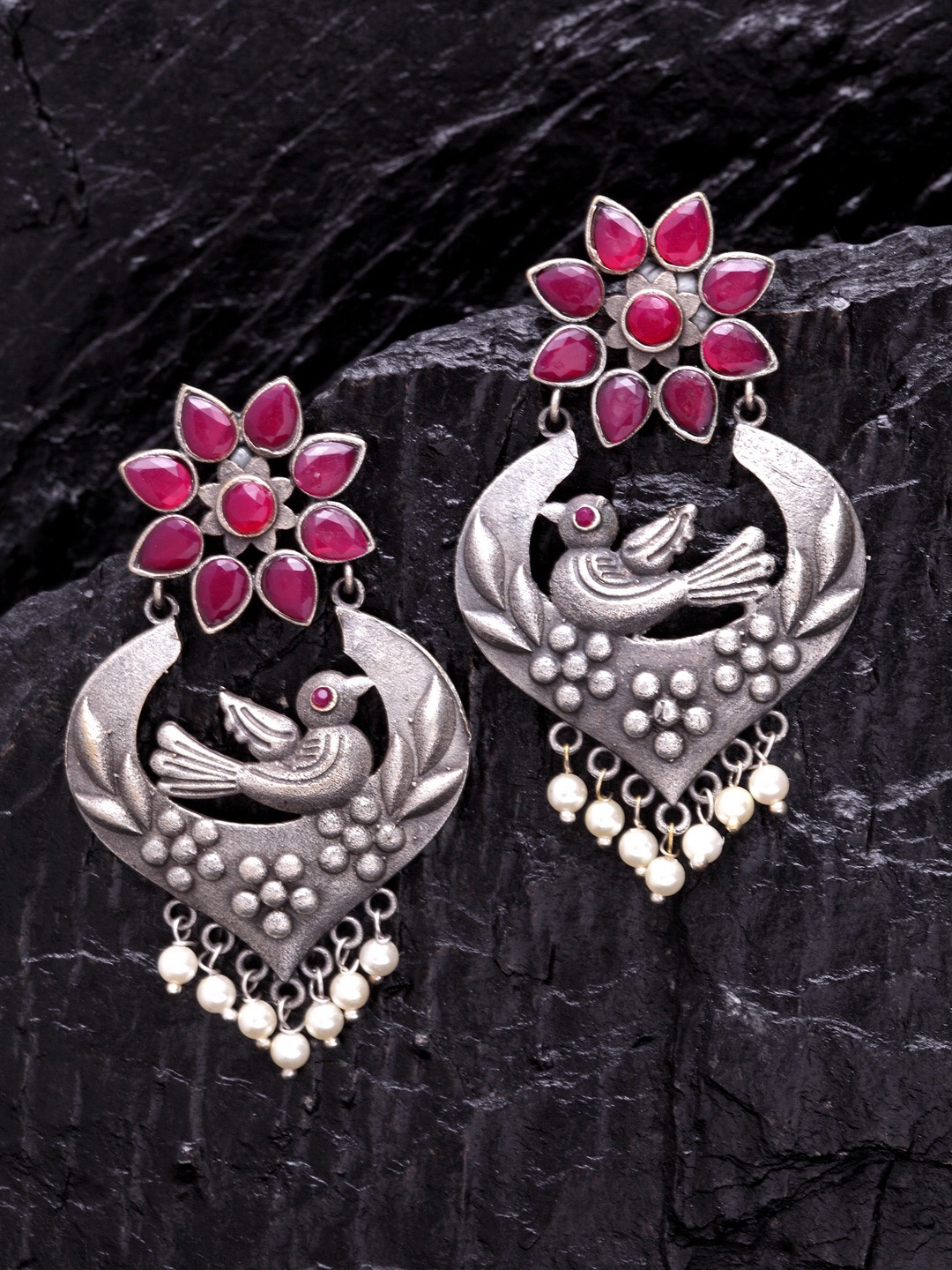 

PANASH Silver-Plated & Pink Contemporary Chandbalis Earrings