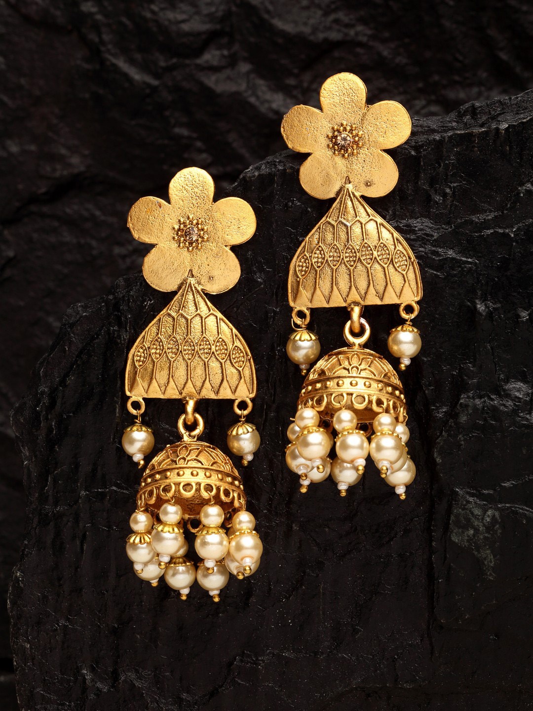 

PANASH Gold-Toned Floral Jhumkas Earrings