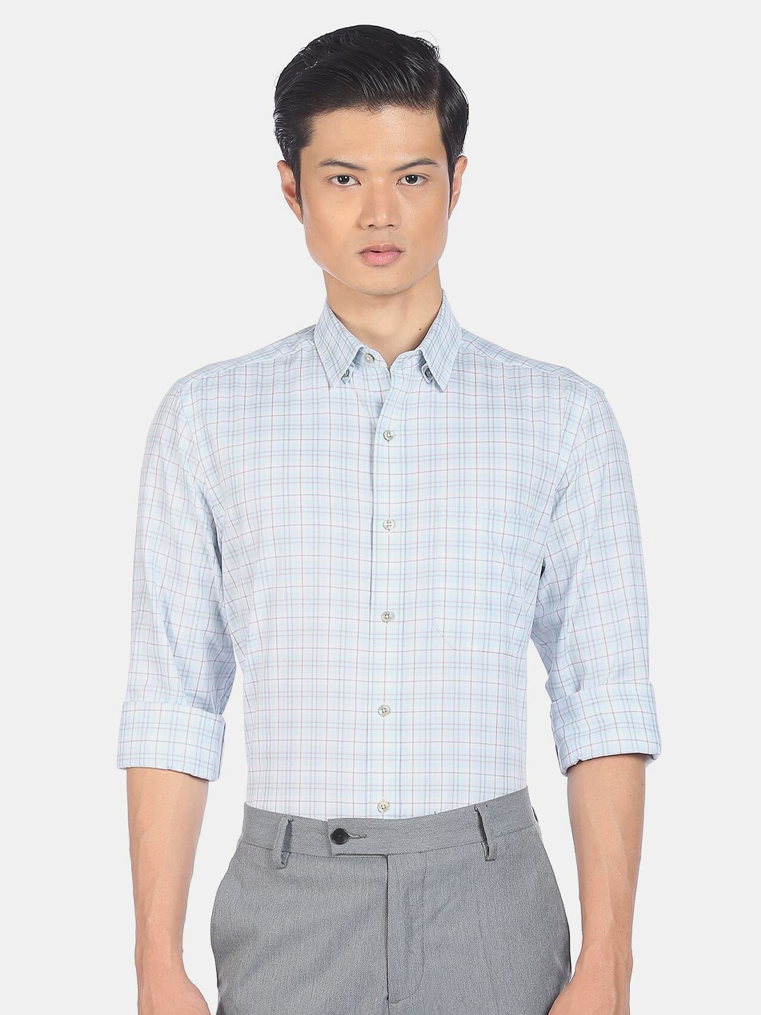 

Arrow Men Blue Regular Fit Grid Tattersall Checked Cotton Formal Shirt