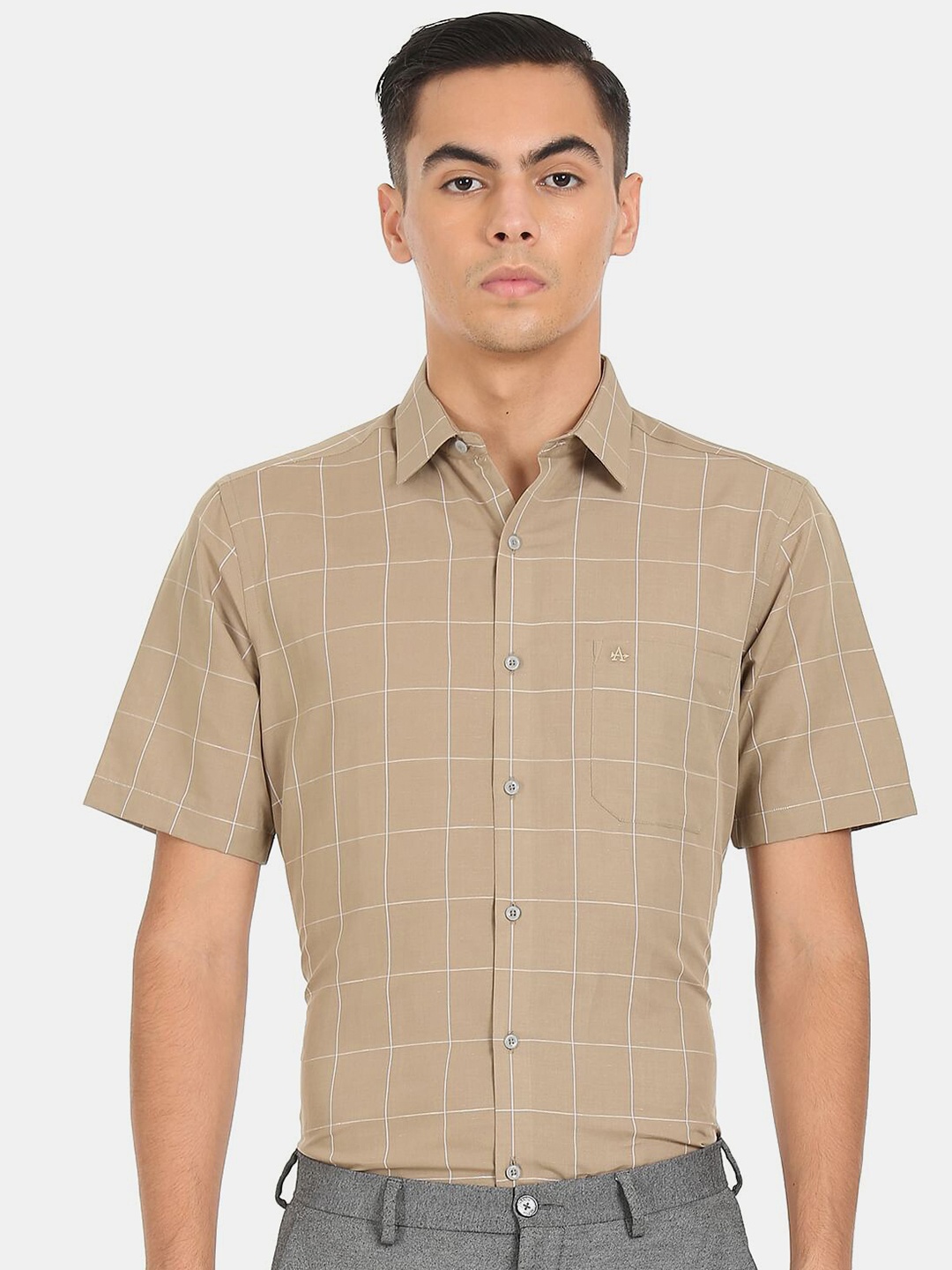 

Arrow Men Khaki Windowpane Checks Checked Formal Shirt