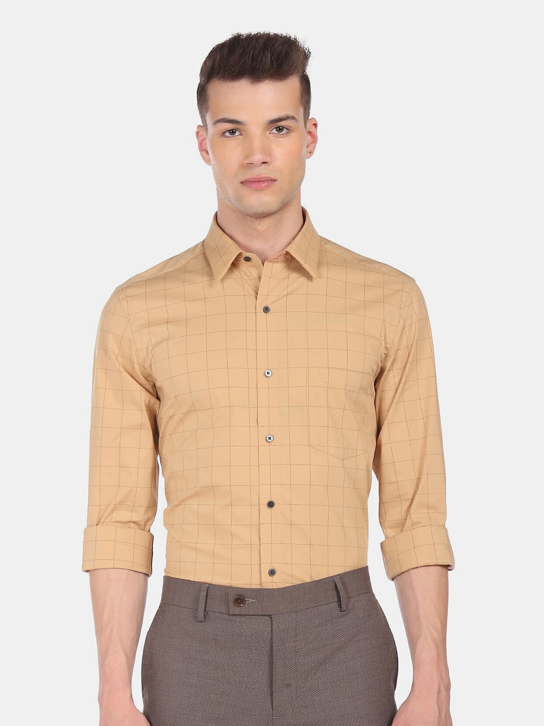 

Arrow New York Men Camel Brown Windowpane Checks Checked Formal Shirt
