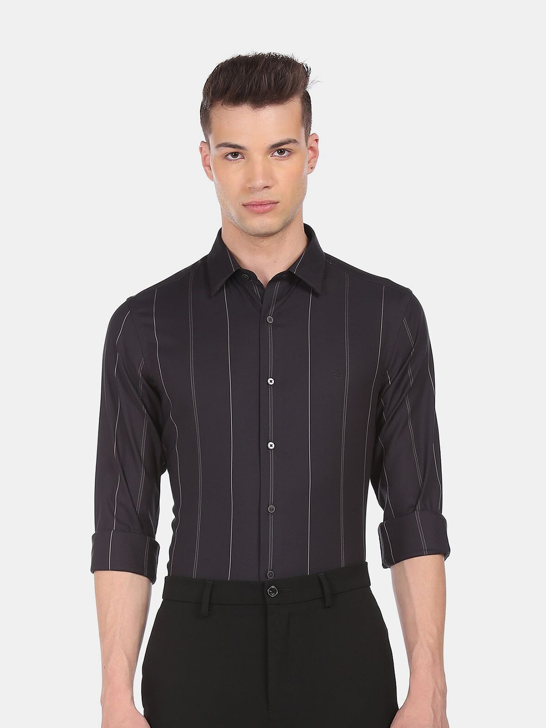 

Arrow New York Men Black Slim Fit Striped Cotton Formal Shirt