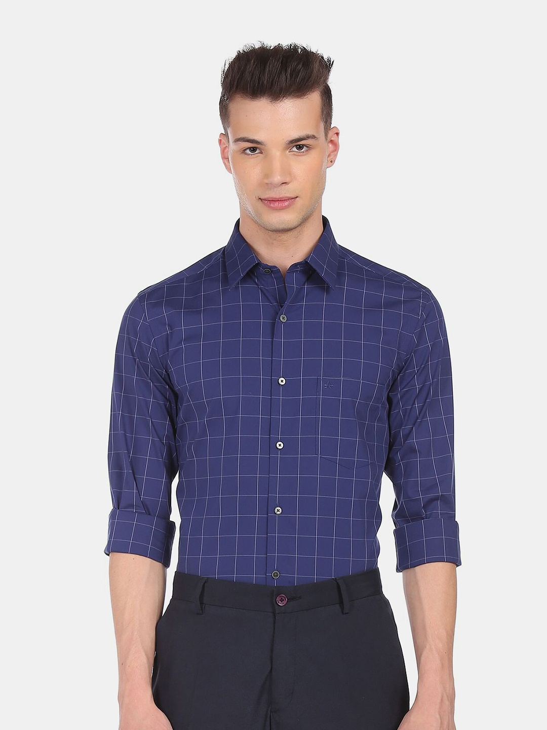 

Arrow New York Men Blue Slim Fit Windowpane Checks Checked Formal Shirt