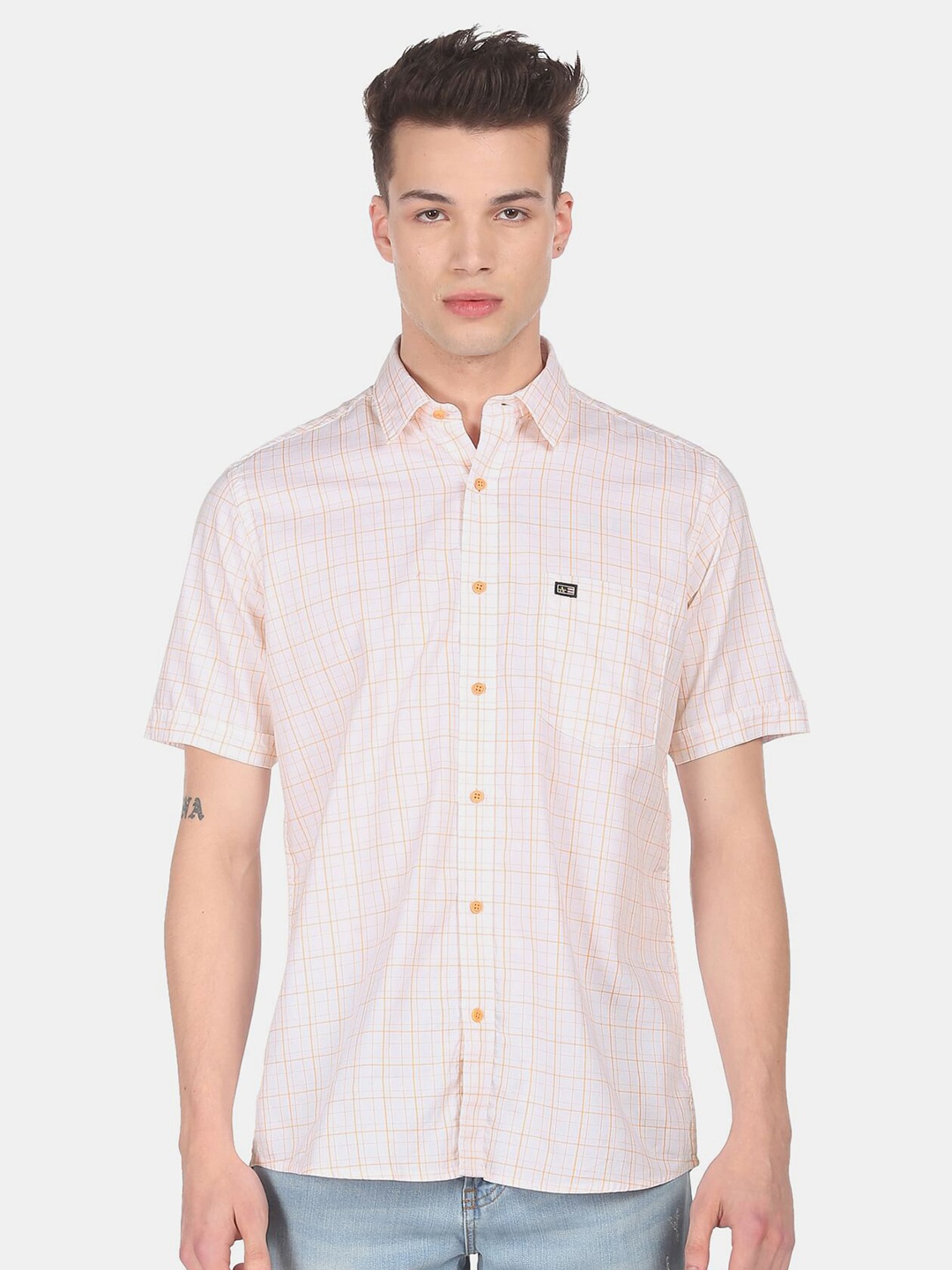 

Arrow Sport Men Orange & White Checked Pure Cotton Casual Shirt