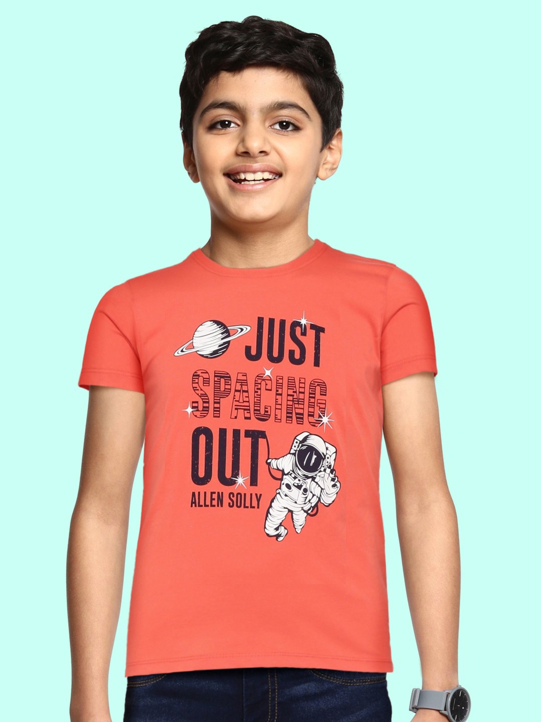 

Allen Solly Junior Boys Coral Orange & Navy Blue Typography Printed T-shirt