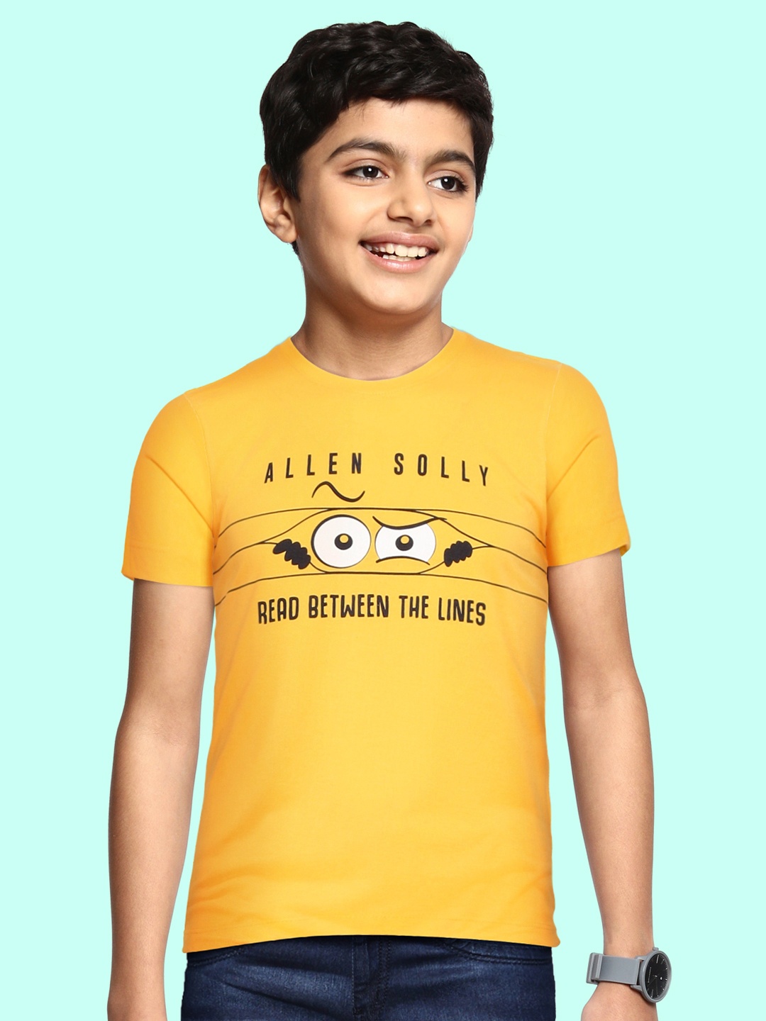 

Allen Solly Junior Boys Yellow & Black Brand Logo Printed T-shirt