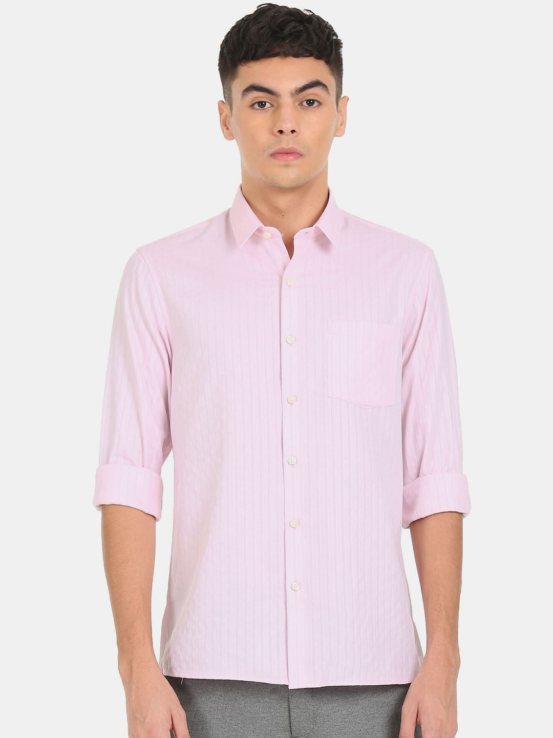 

Excalibur Men Pink Striped Pure Cotton Casual Shirt