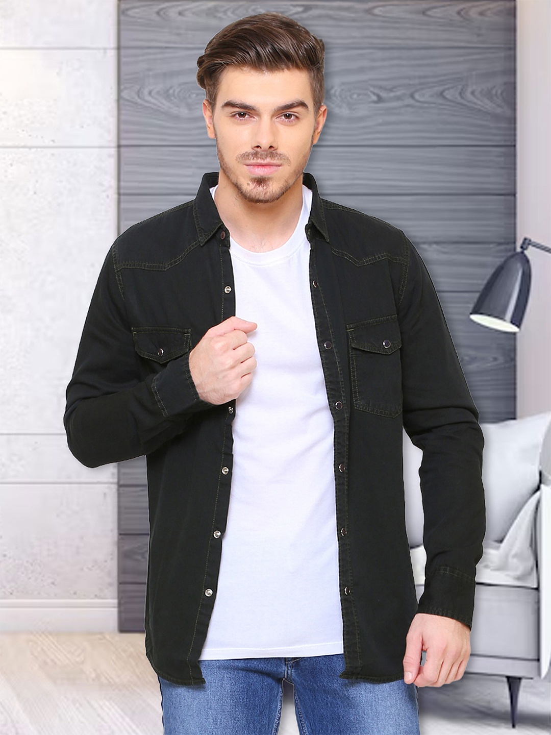 

Southbay Men Olive Green Smart Slim Fit Cotton Denim Casual Shirt