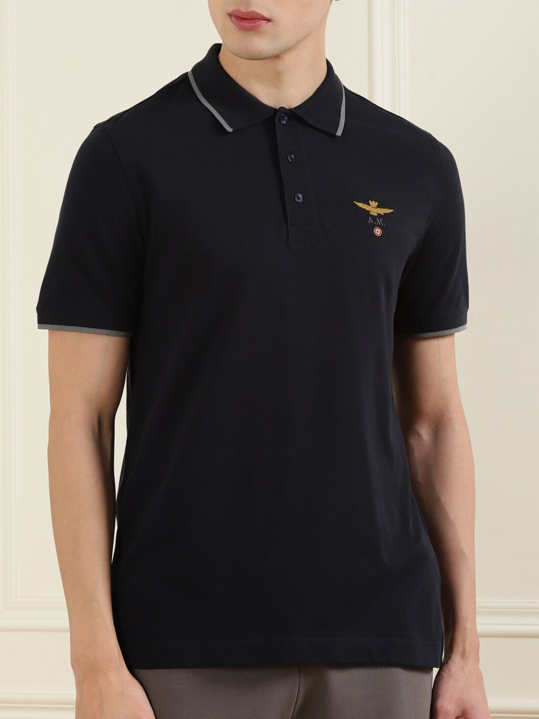 

Aeronautica Militare Men Blue Polo Collar Applique T-shirt