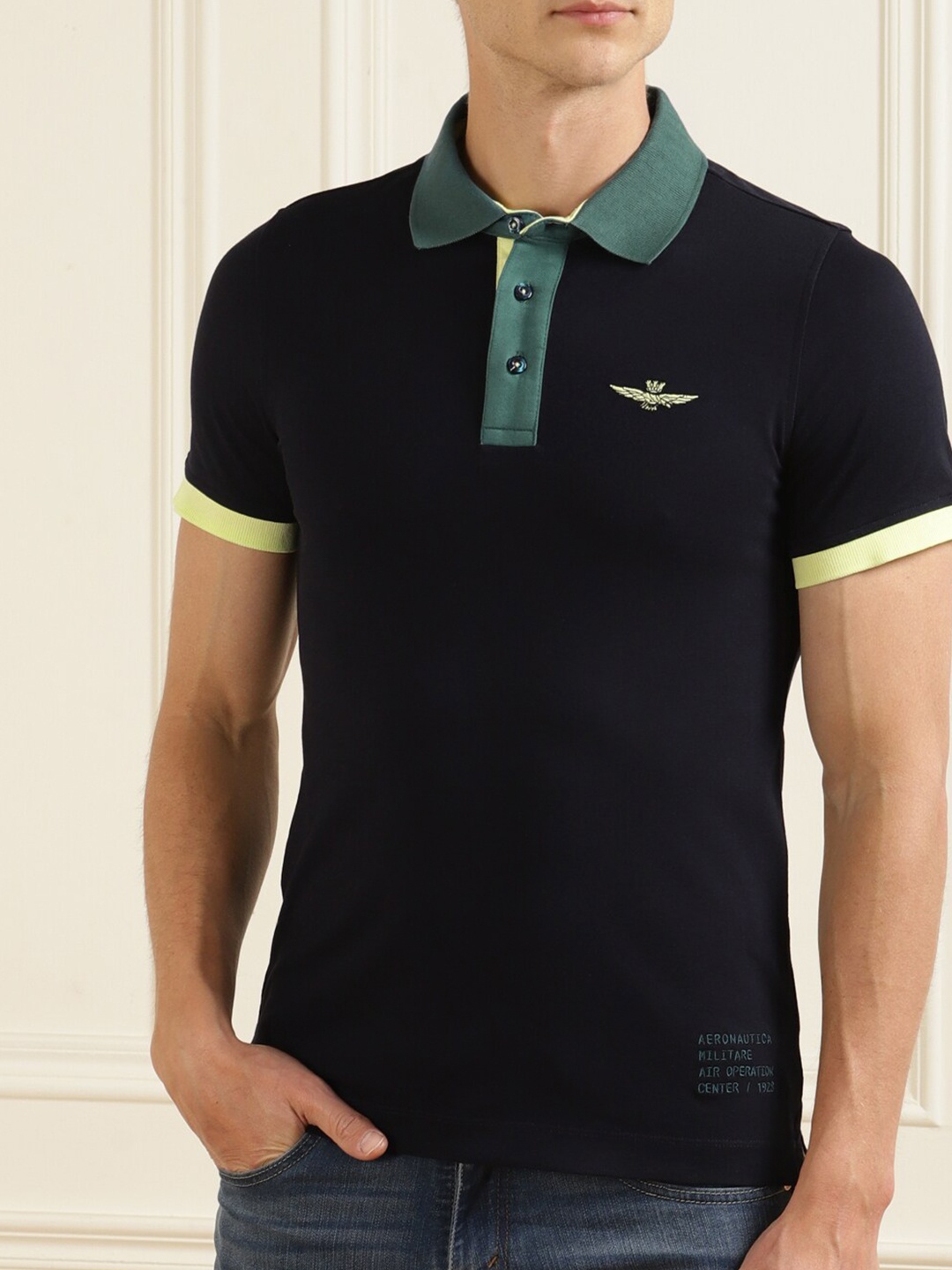 

Aeronautica Militare Men Navy Blue & Green Polo Collar Slim Fit T-shirt