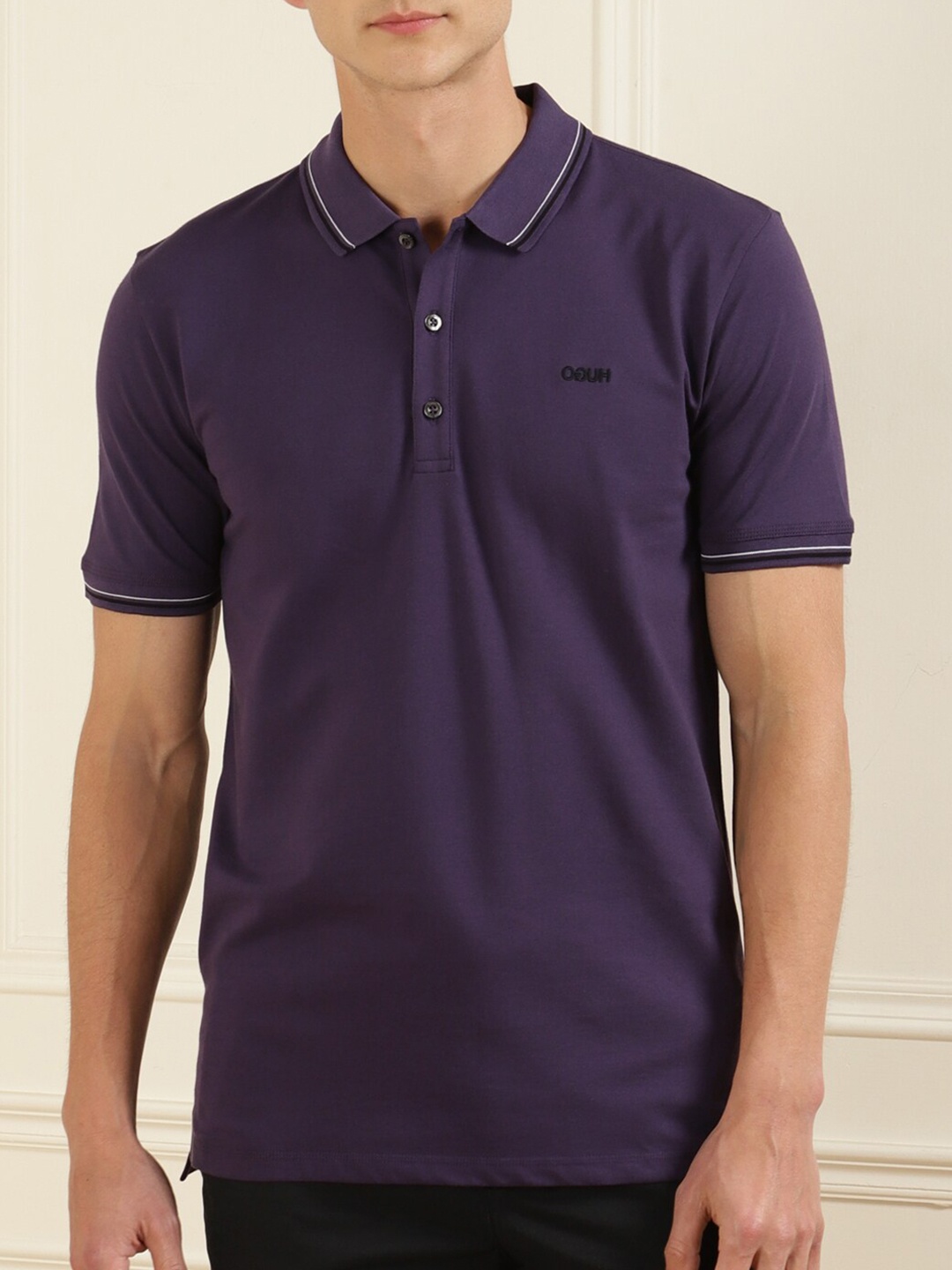 

HUGO Men Purple Polo Collar Pure Cotton T-shirt