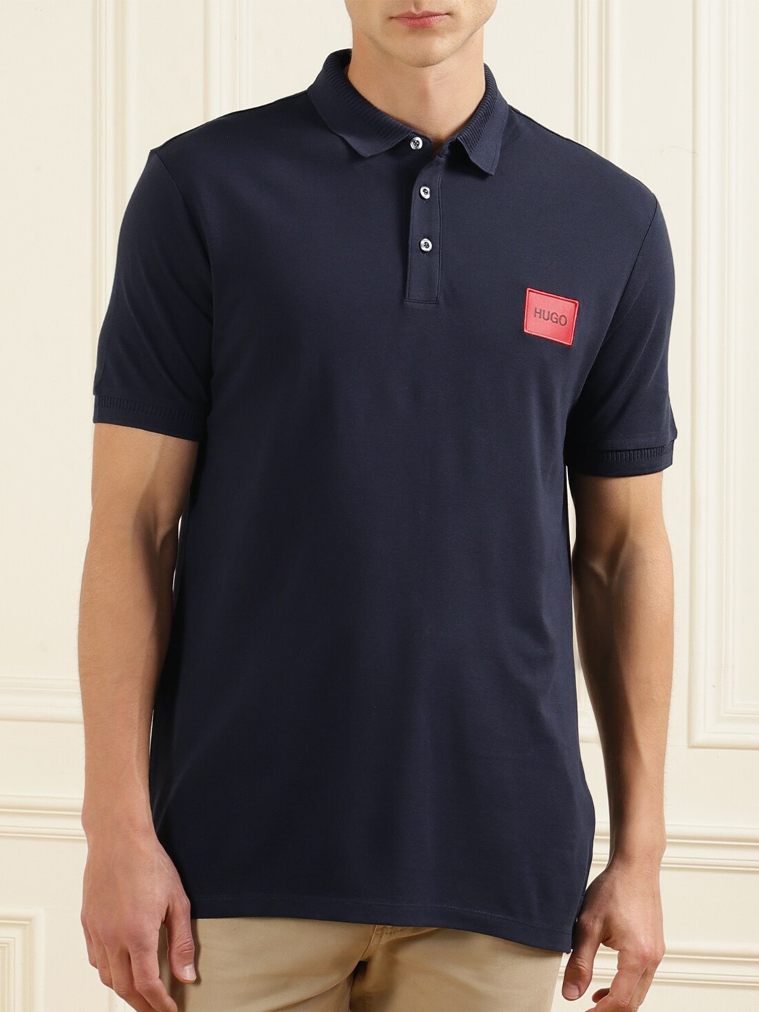 

HUGO Men Navy Blue Polo Collar PureCcotton T-shirt
