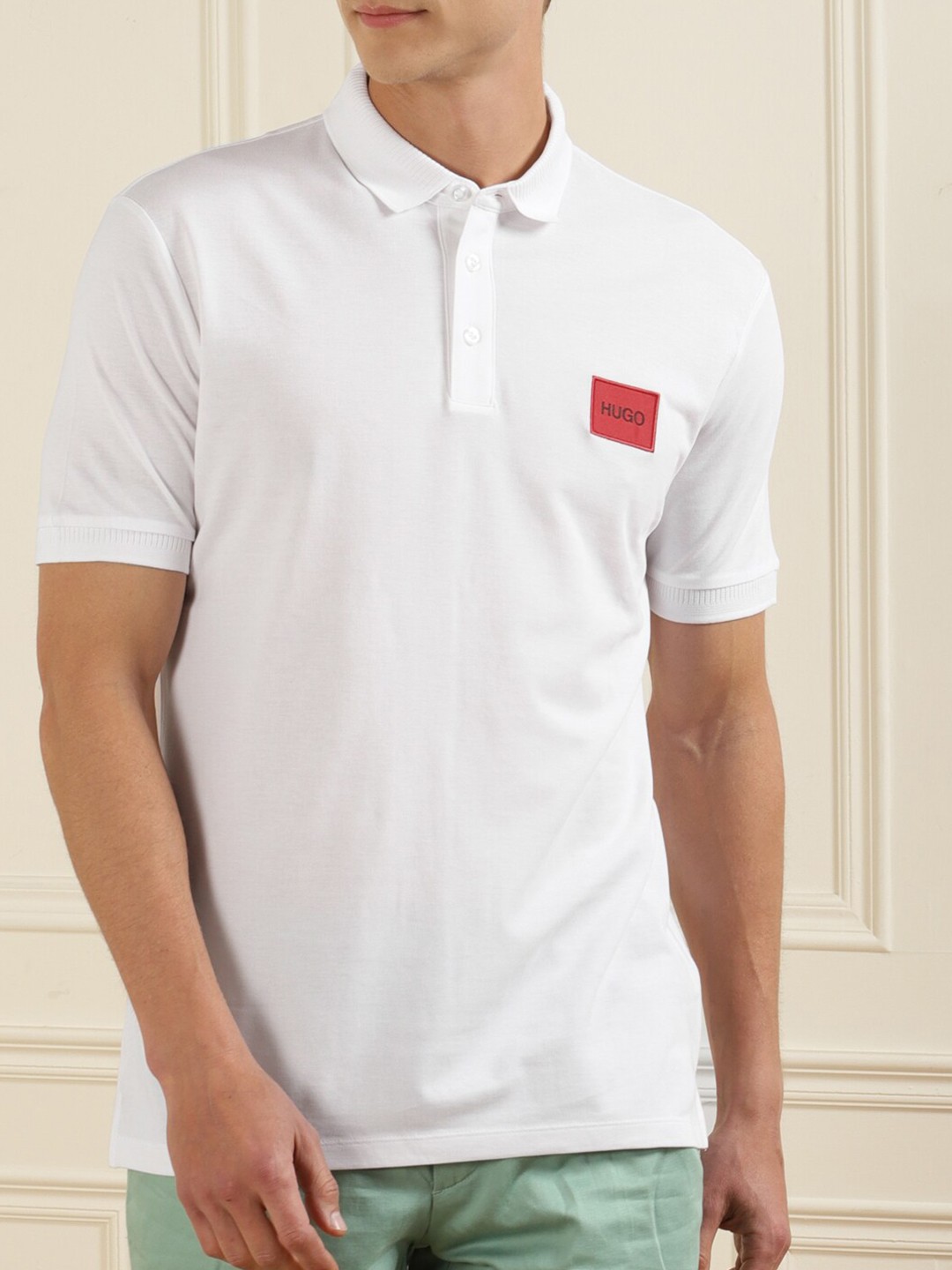 

HUGO Men White Polo Collar Cotton T-shirt
