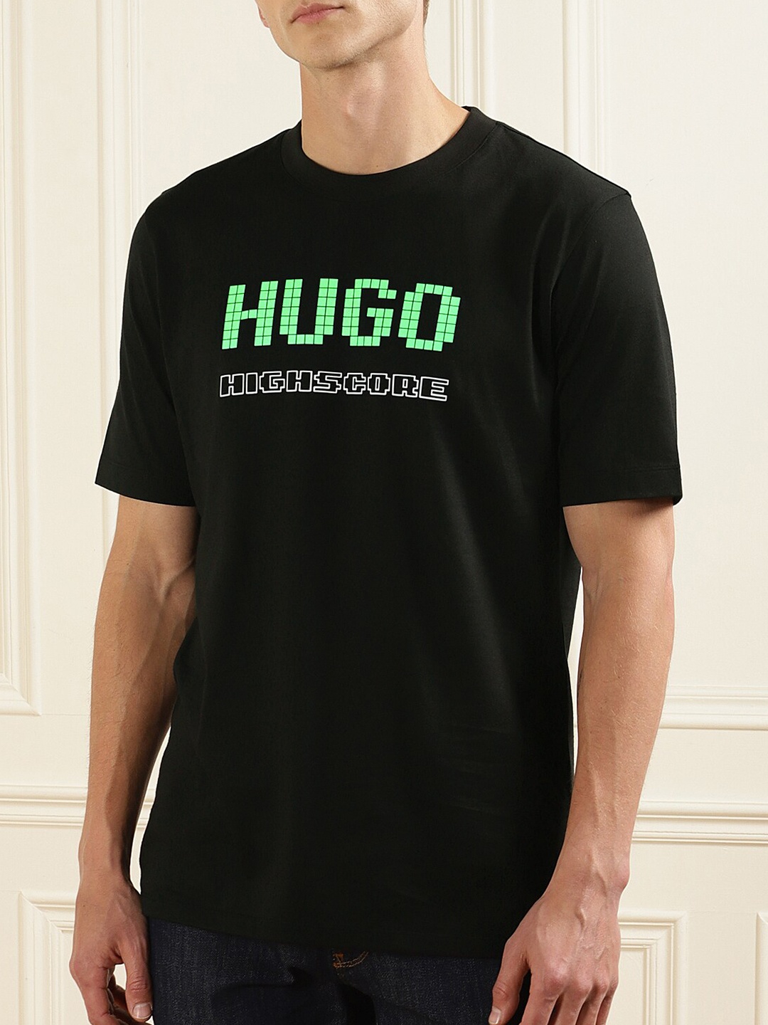 

HUGO Men Black & Fluorescent Green Brand Logo Printed T-shirt