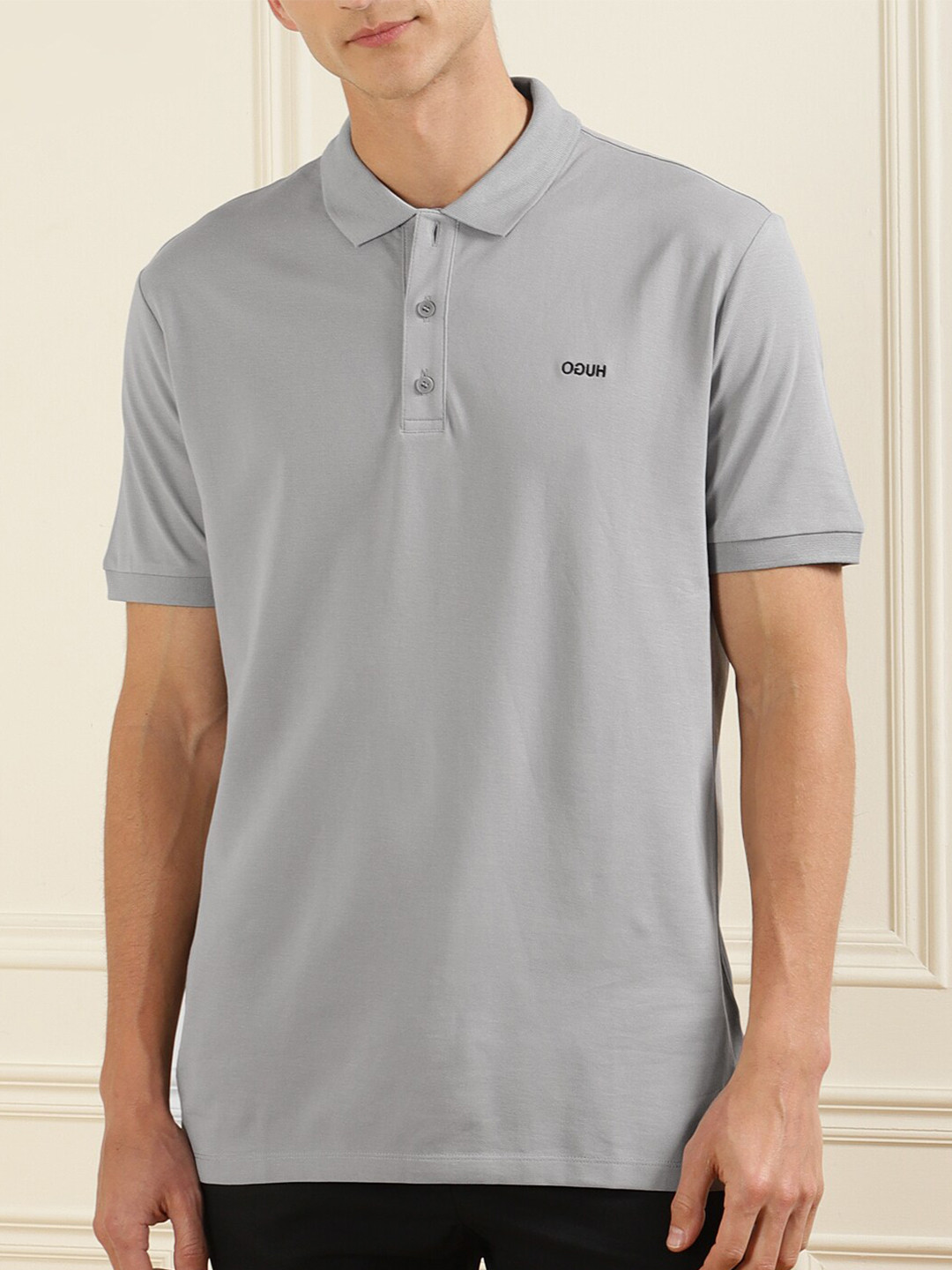 

HUGO Men Grey Polo Collar Pure Cotton T-shirt
